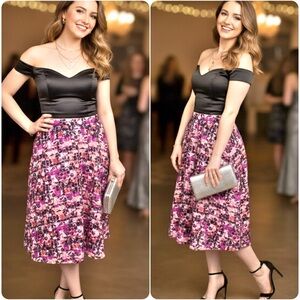 Sam Edelman Organza Mosaic Floral Black and Pink A-Line Midi Skirt Size 8